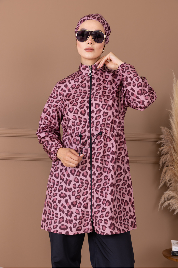 Leopard Patterned Hijab and Bag Gift Elastic Waist Shawl Patterned Zippered Hijab Swimsuit - 5