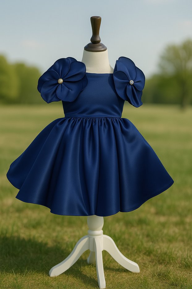 Special Design Navy Blue Flower Detailed Satin Girl's Evening Dress