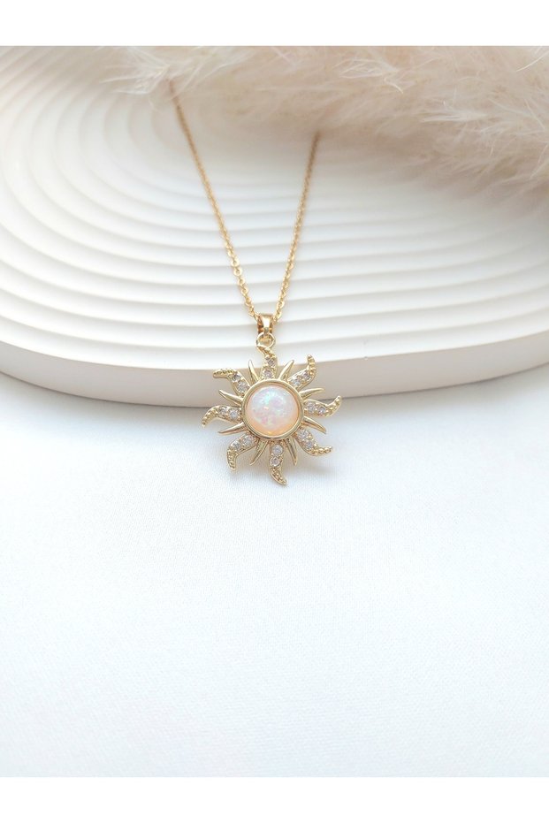 Vintage White Opal Stone Detailed Sun Necklace with Zircon Stone, Stainless Steel Necklace
