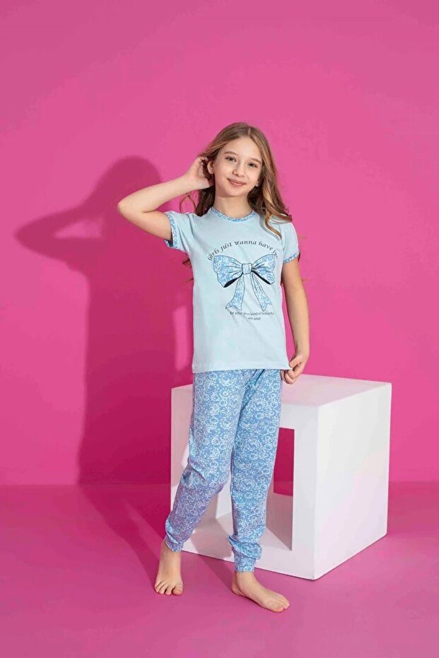 Blue Bow Printed Girls Pajamas Set 2973-m
