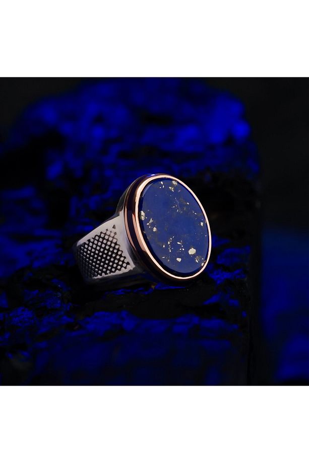 Lapis Lazuli Taşlı Oval Kasa 925 Ayar Gümüş Erkek Yüzük - 1