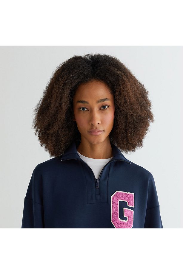 Kadın Lacivert Regular Fit Yarım Fermuarlı Logolu Sweatshirt - 4