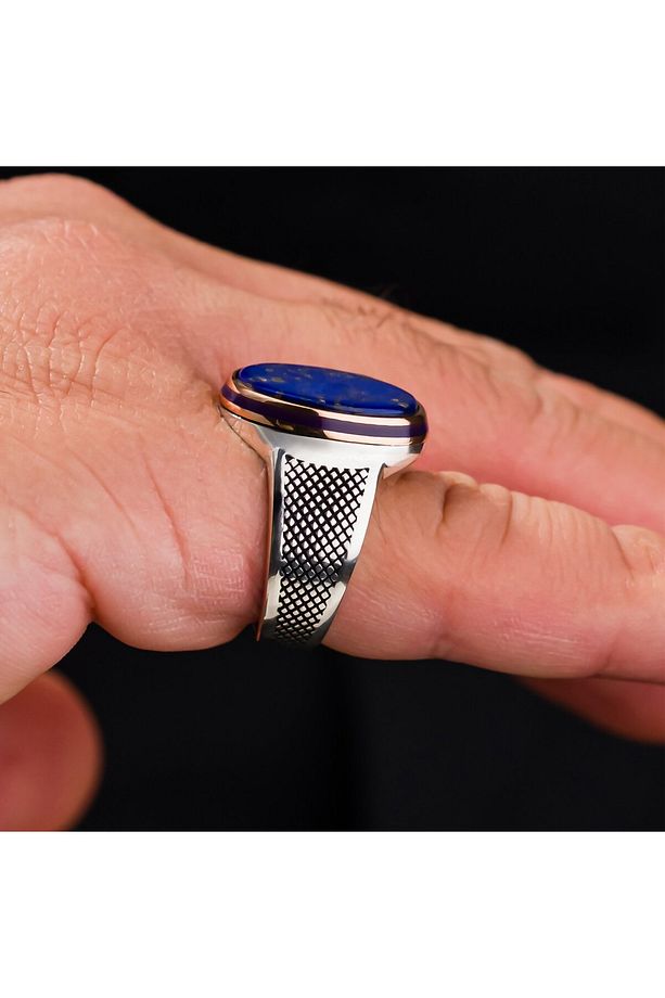 Lapis Lazuli Taşlı Oval Kasa 925 Ayar Gümüş Erkek Yüzük - 4