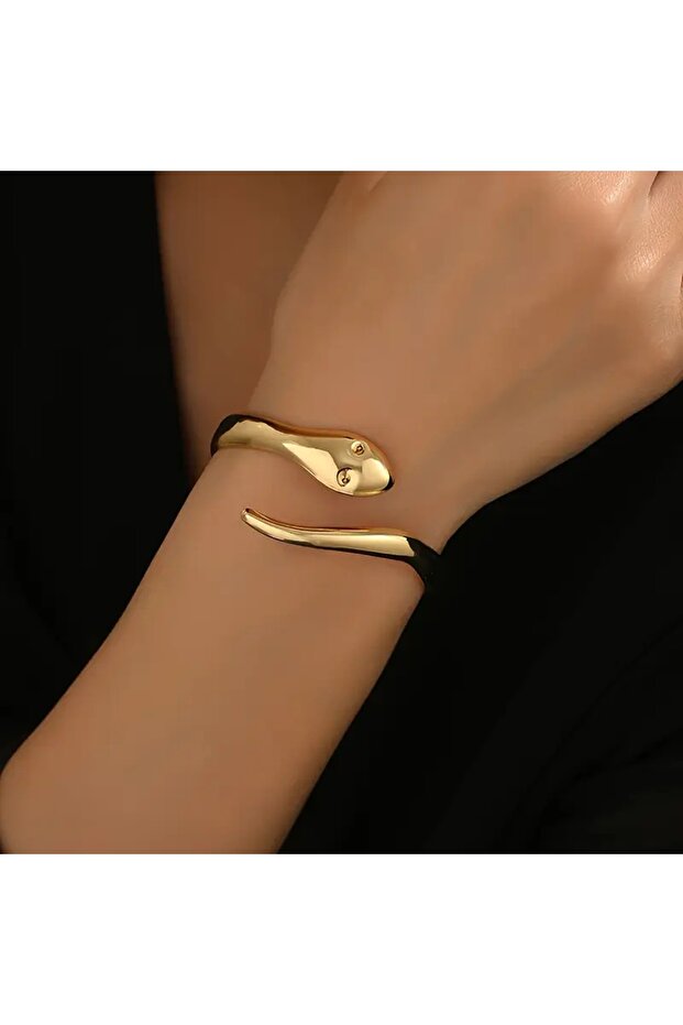 Gold Tone Snake Pattern Open Cuff Adjustable Bracelet - 1
