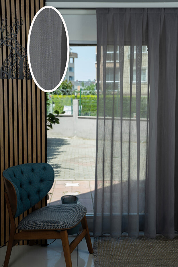 Natural Anthracite Flamed Effect Linen Special Ironing Thick Tulle Curtain 1/3 Dense Pleated Buk