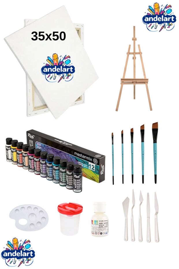 Mastermix Akrilik Boya 12'li Canlı Renkler 60 Cc - 35x50 Tuval- Şövale Seti - 1
