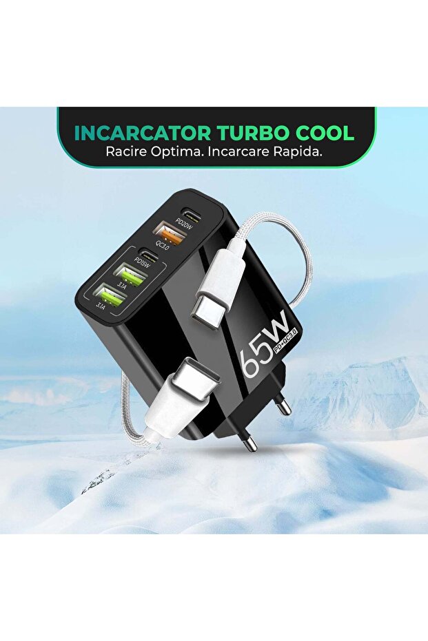 Încărcător de rețea, 5 porturi, încărcare rapidă 65W, 3 x USB, 2 x Tip-C, cablu de date USB-C inclus - 7