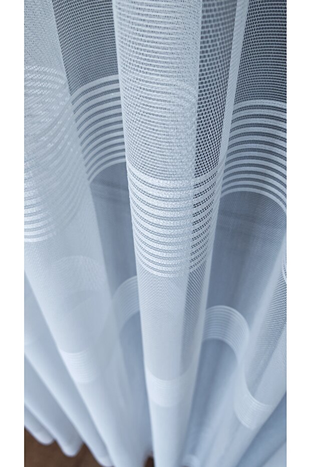 White Stripe Detail Horizontal Stripes 1/3 Tight Pleated Tulle Curtain No Wrinkle Ironing