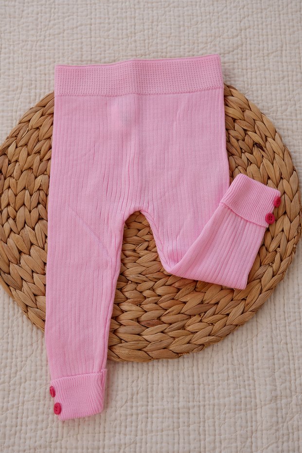 Button Detailed Ribbed Knitwear Leggings Pink Color