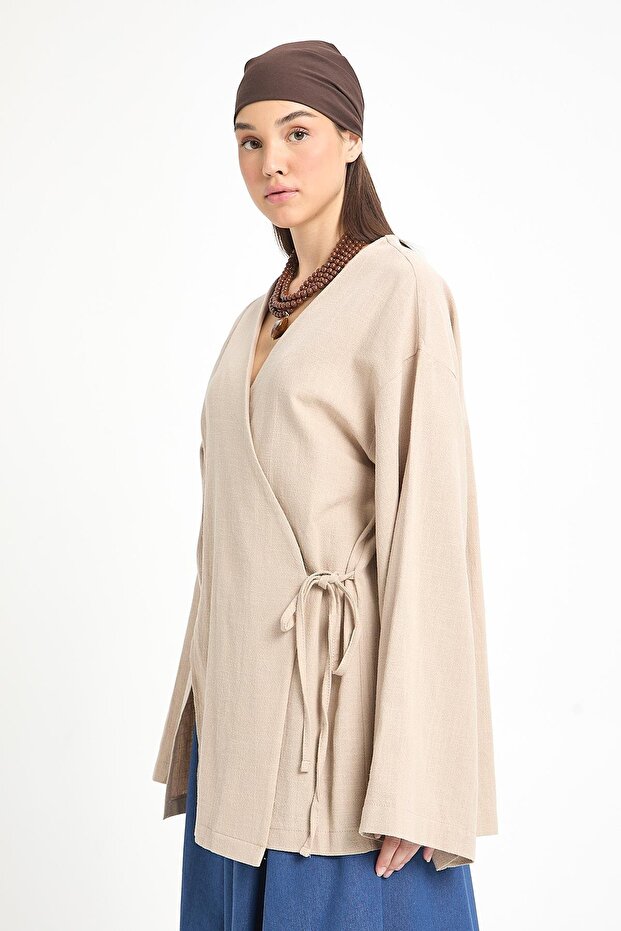 Beige Slit Detailed Tie-Up Long 100% Cotton Kimono 29211