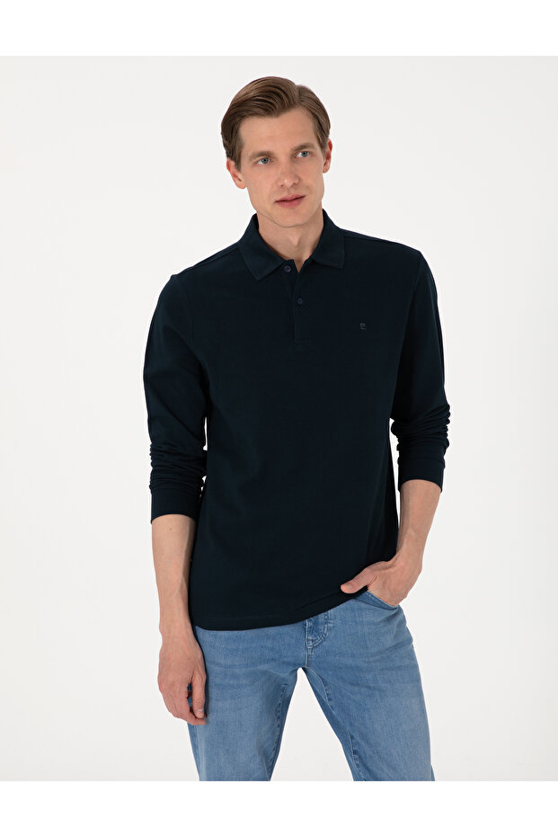 Navy Blue Slim Fit Non-Curling Polo Collar Basic Pique Sweatshirt 50314048-Vr033