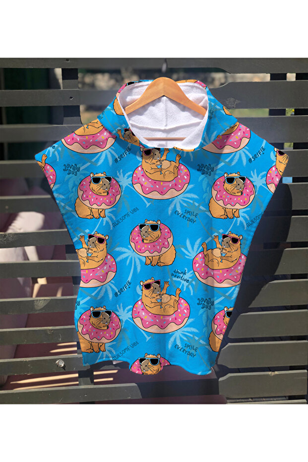 Capybara Patterned Children's Poncho Beach Towel & Bathrobe 60X60 cm