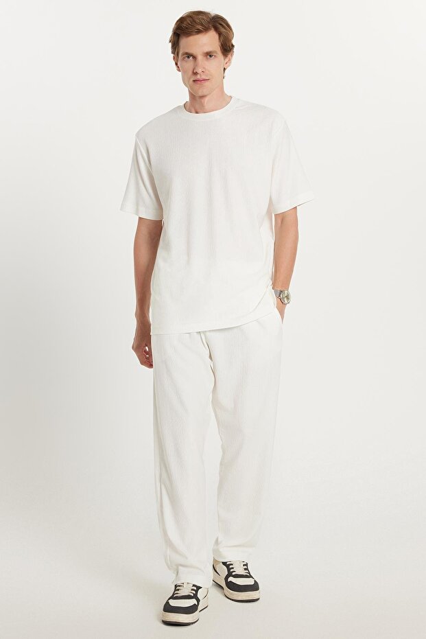 Men's Oversize Wide Cut Elastic Waist Lace-Up Crew Neck Ecru Tracksuit Set