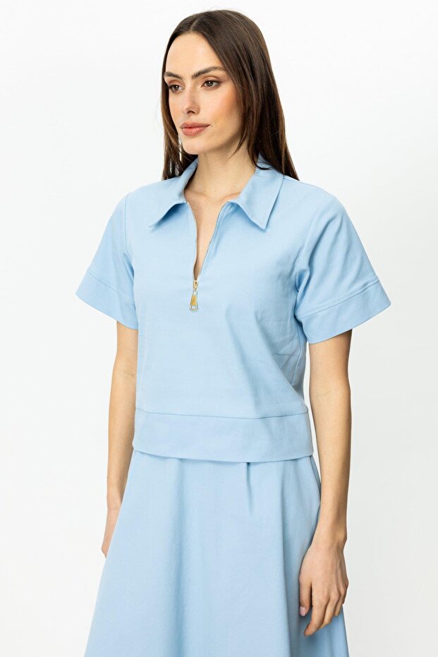 Short Sleeve Polo Neck Bluz with Front Zipper