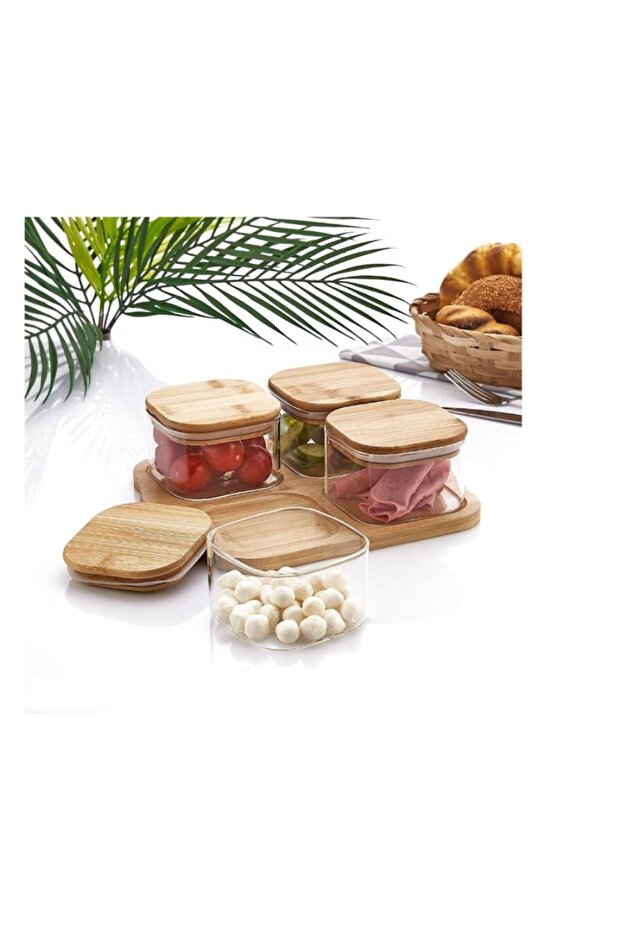 Kapaklı Cam 4'lü Bambu Set