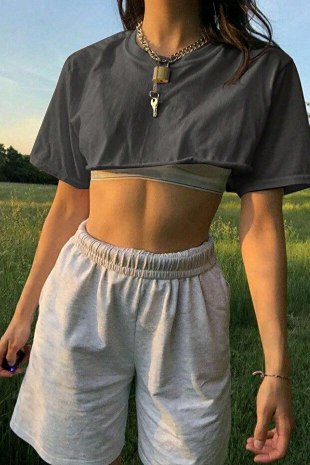 Women's Anthracite Crew Neck Oversize Crop T-Shirt