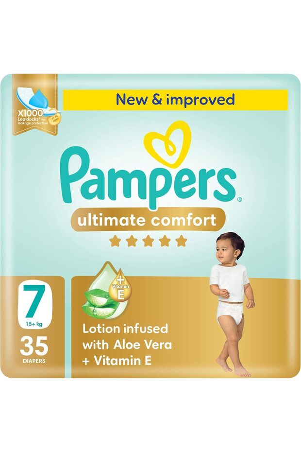 Ultimate Comfort Taped Diapers, Size 7, 15+kg, Lotion infused with Aloe Vera and Vitamin E,
