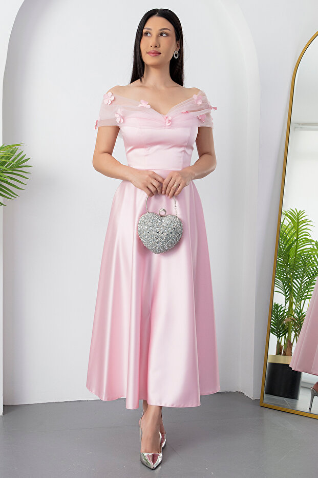 Straplez Yaka Göğüs Tül Detaylı Abiye ECR5587 - 1