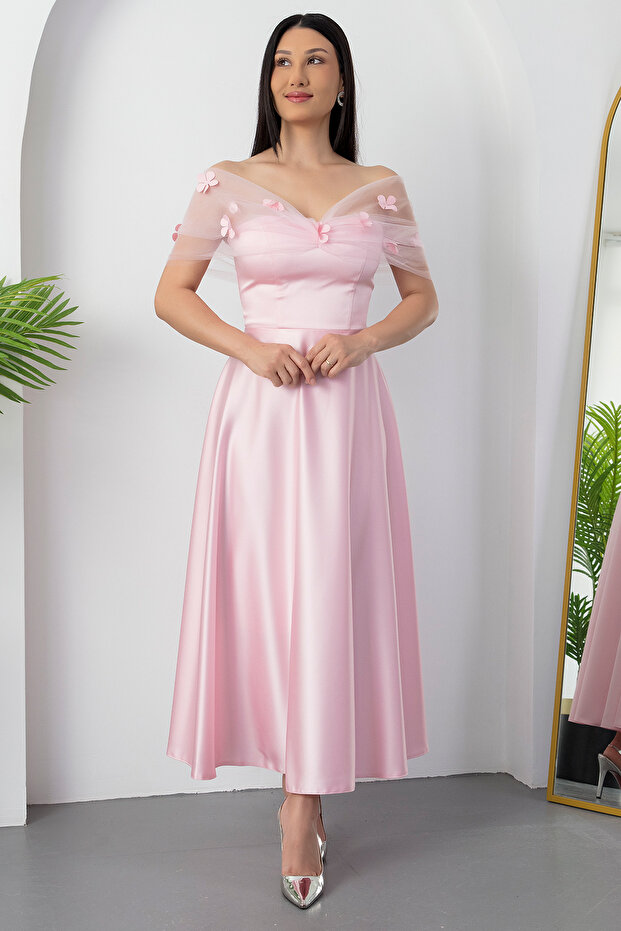 Straplez Yaka Göğüs Tül Detaylı Abiye ECR5587 - 7