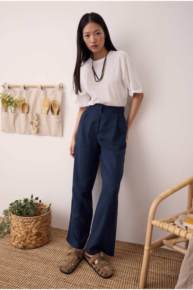 Pileli Basic Keten Pantolon Gece Mavi - 1