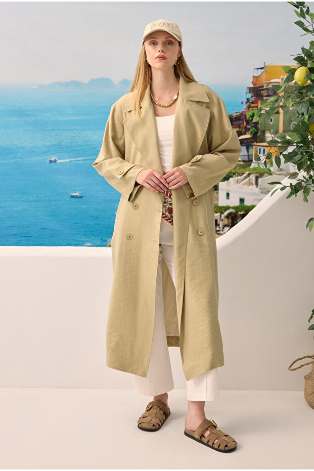 Buttoned Long Trench Coat Sage - 5