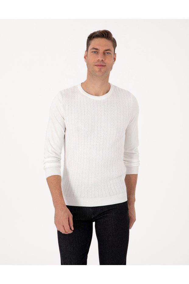 Ecru Slim Fit Crew Neck Knitwear Sweater 50315717-Vr019