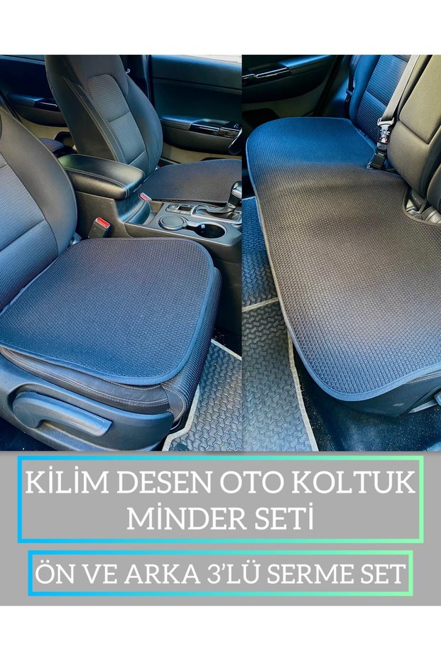 Weaving Rug Anti-Sweat 100% Cotton Auto Seat Cushion Set 3 Pieces (Black)
