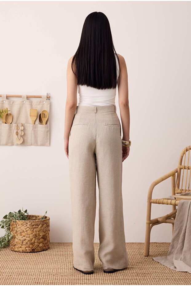 Pileli Basic Keten Pantolon - 4
