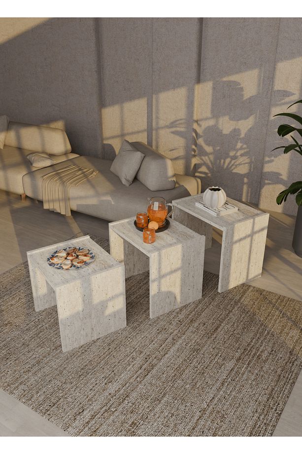 Helsinki 3lü Zigon Sehpa İskandinav Traverten Desen Modern Zigon Sehpa - 3