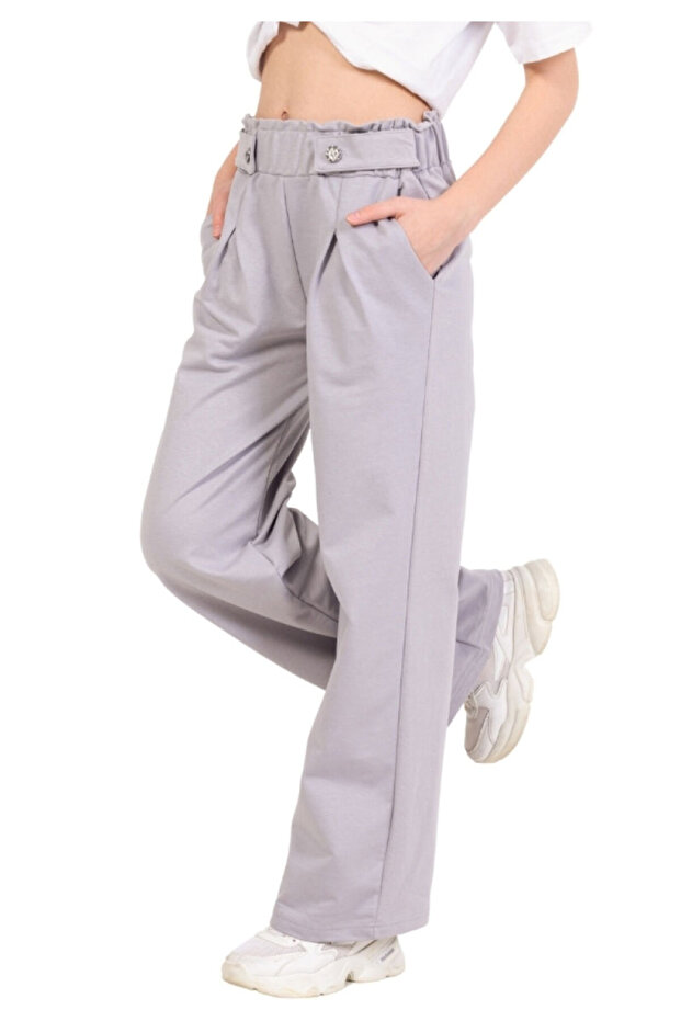 Girl's Pants with Elastic Waist and Button Detail, Wide Legs