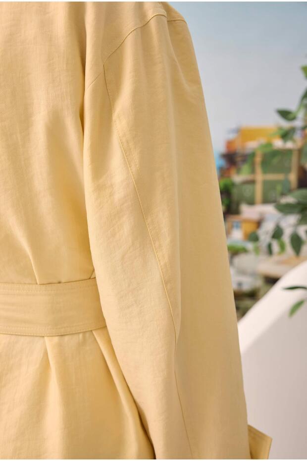 Düğmeli Uzun Trençkot Soft Sarı - 4