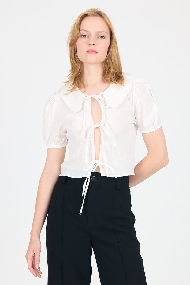 White Tie Detail Baby Collar Crop Blouse 8064