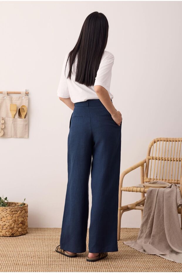 Pileli Basic Keten Pantolon Gece Mavi - 4