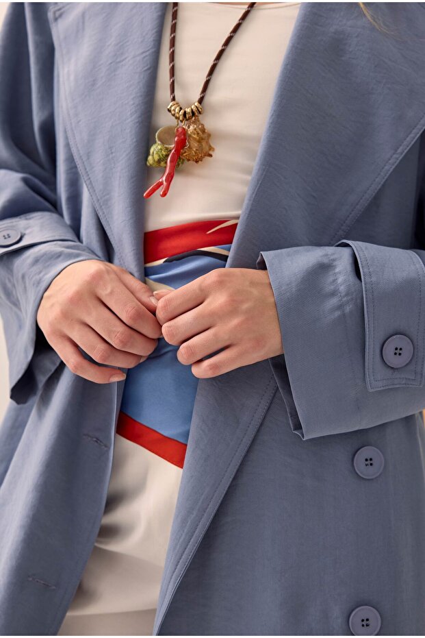 Buttoned Long Trench Coat Lavender Blue - 6