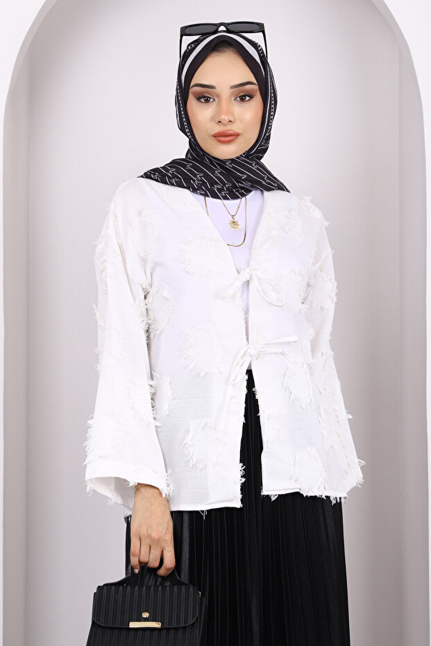 Ecru Front Tied Tassel Kimono