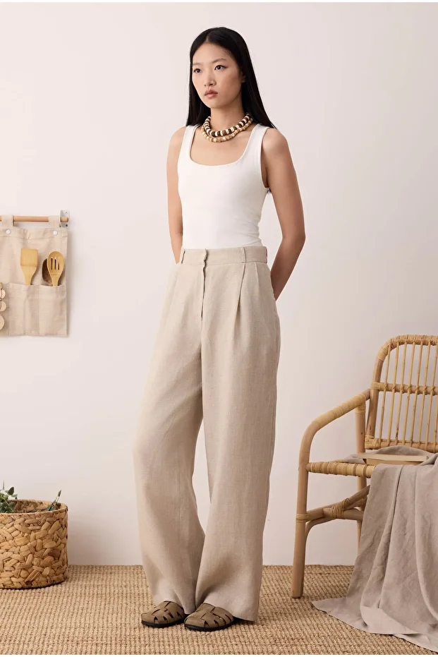 Pileli Basic Keten Pantolon - 1