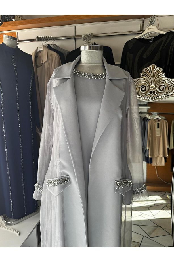 İKİLİ TAŞ İŞLEMELİ ELBİSELİ ABAYA TAKIM - 2