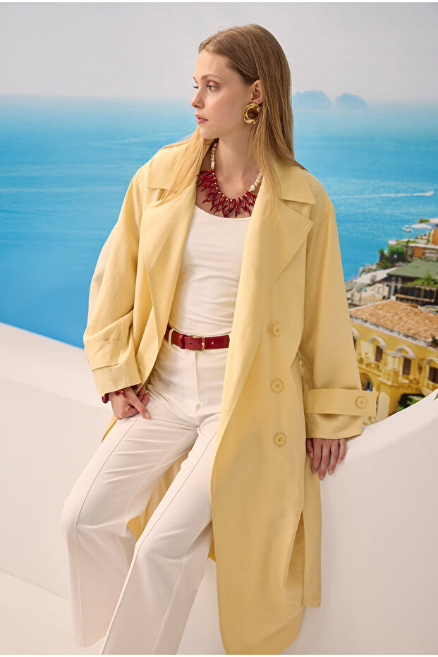 Düğmeli Uzun Trençkot Soft Sarı - 3