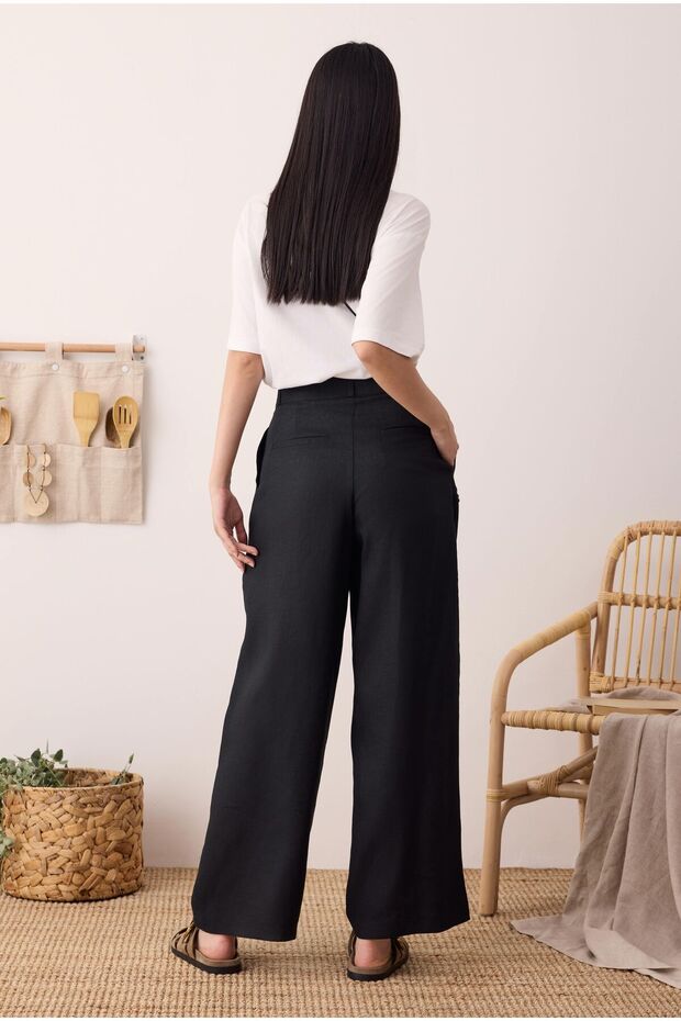 Pileli Basic Keten Pantolon Siyah - 5