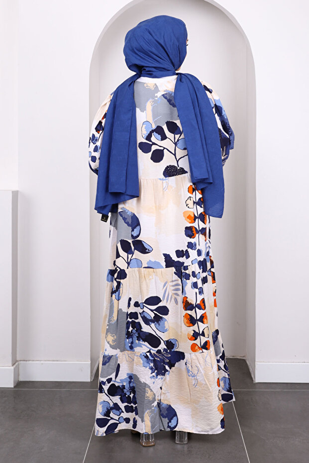 فستان نصف زر منقوش باللون الأزرق الداكن - 4