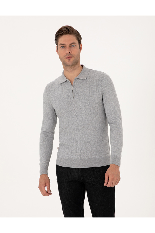 Light Gray Melange Regular Fit Polo Neck Zippered Sweater 50315729-Vr091