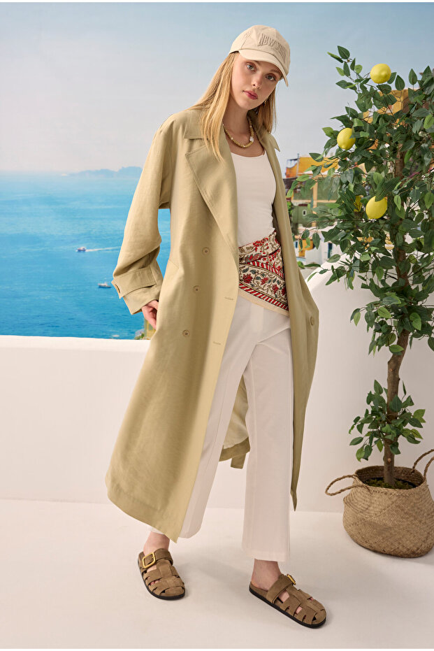 Buttoned Long Trench Coat Sage - 2