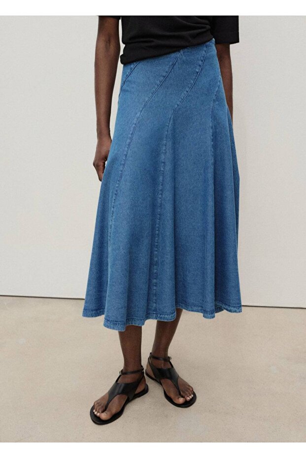 Midi Denim Skirt with Stitching Details