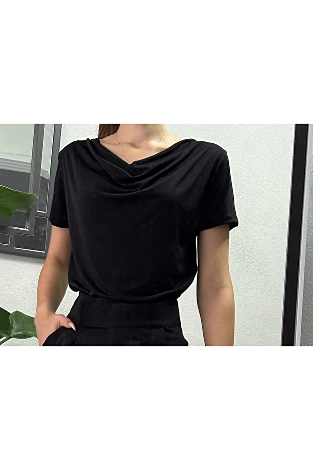 kadın Siyah Drapeli Bluz - 2