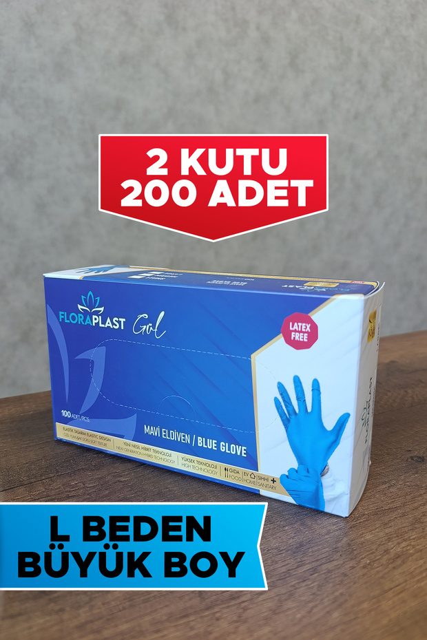 L Beden 200 Adet Tek Kullanımlık Poşet Eldiven Mavi - 1
