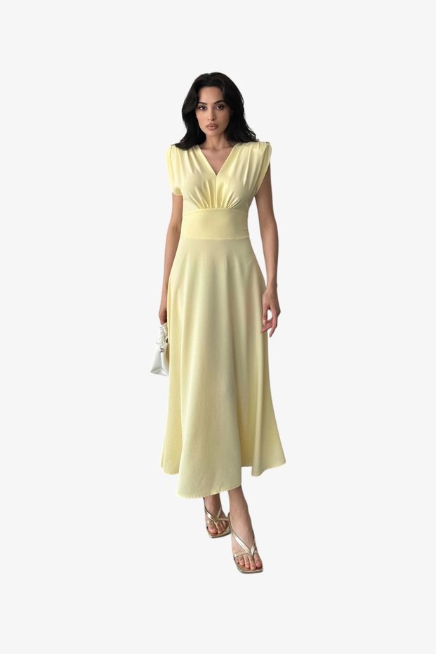 Women's Linda Fabric V Neck Sleeveless A-Line Midi Dress-Yellow