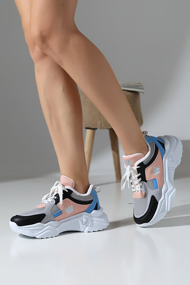 Women's Multicolor Sneakers with Pink, Blue and Black Details, Thick Sole Sneakers