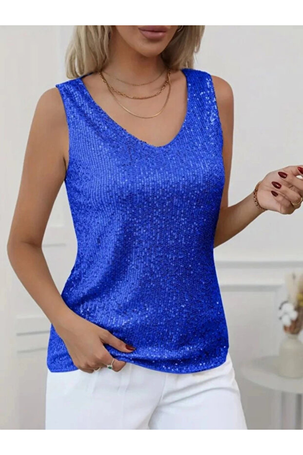 Sequin zero sleeve blouse - Cobalt - 2
