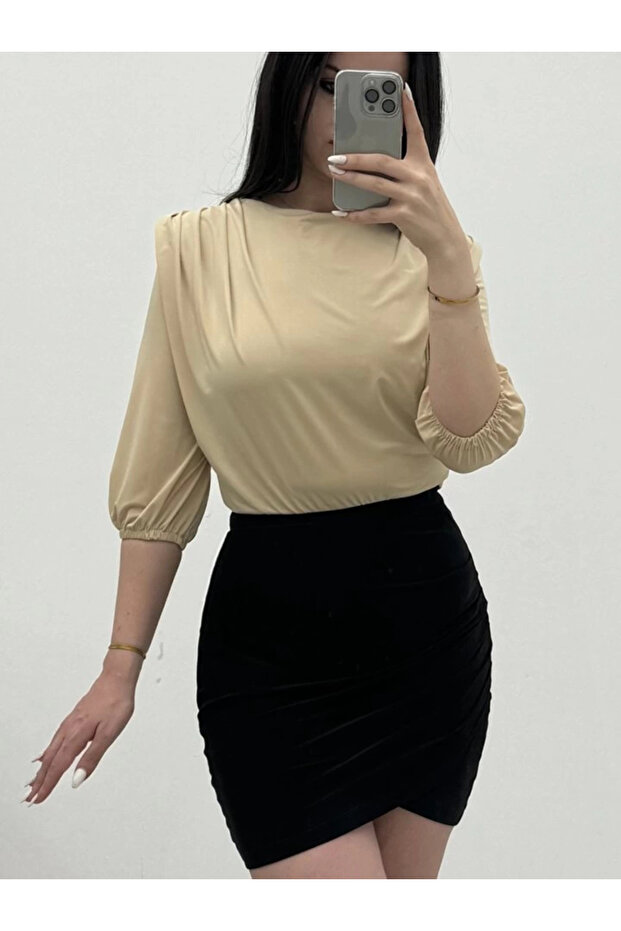 بلوزة Sendy مبطنة بكتف مربوط مع بذلة داخلية - بيج - 1