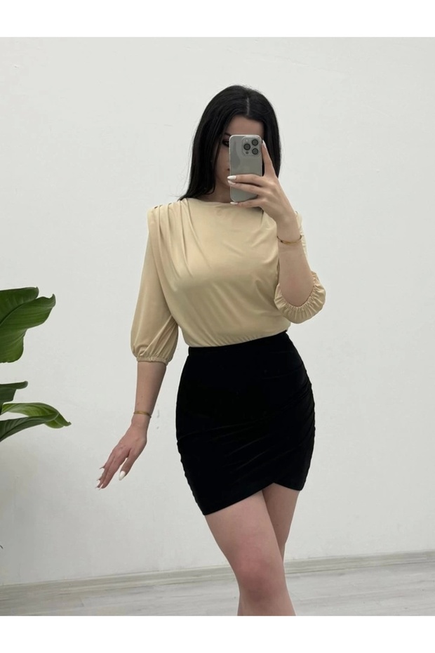 بلوزة Sendy مبطنة بكتف مربوط مع بذلة داخلية - بيج - 3